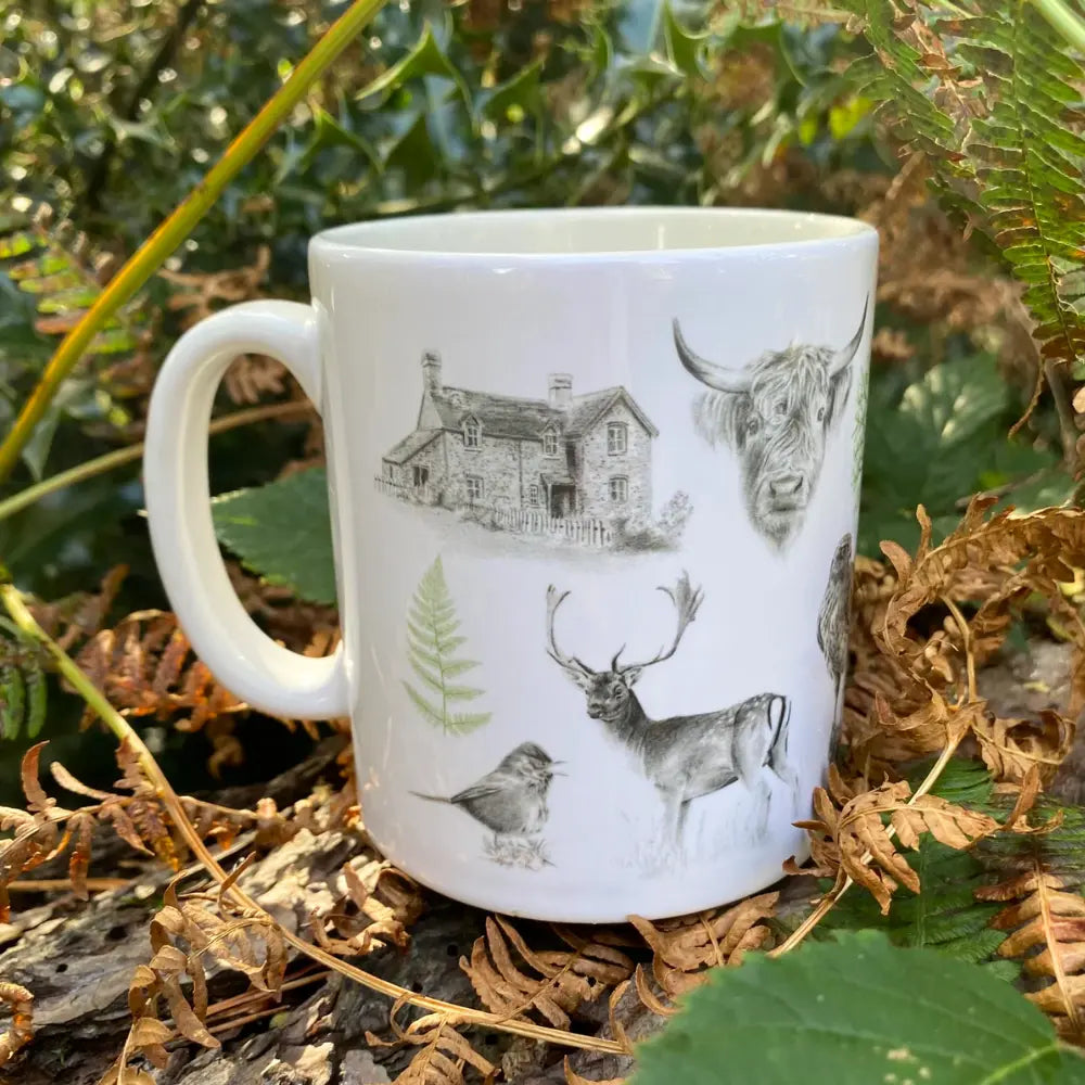 New Forest Shortbread Mug with illustrations of the flora and fauna of the New Forest with a autumnal woodland back ground